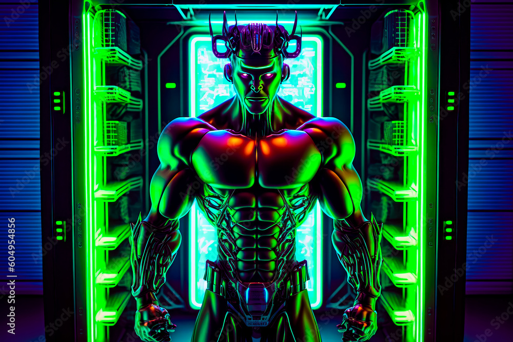 Poster man standing in front of green and red neon light in room. generative ai.