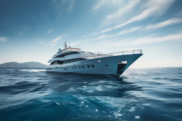 Fototapeta na wymiar Rich luxury white private motor yacht sailing at pure clear blue sea ocean waters, used for renting and having good adventure travels. Sailing boat in tropical island. Generative AI Technology