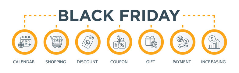 Black friday banner web icon vector illustration concept with icon of calendar, shopping, discount, coupon, gift, payment, increasing
