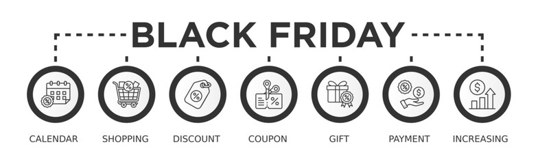 Black friday banner web icon vector illustration concept with icon of calendar, shopping, discount, coupon, gift, payment, increasing