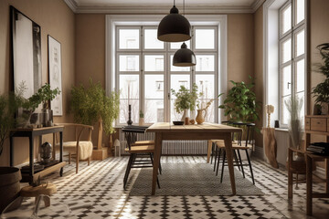 Fototapeta na wymiar Modern cozy kitchen, classic interior design with beige, brown and black colors. Super photo realistic background, generative ai illustration