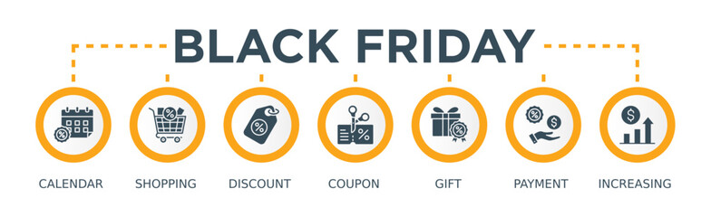 Black friday banner web icon vector illustration concept with icon of calendar, shopping, discount, coupon, gift, payment, increasing