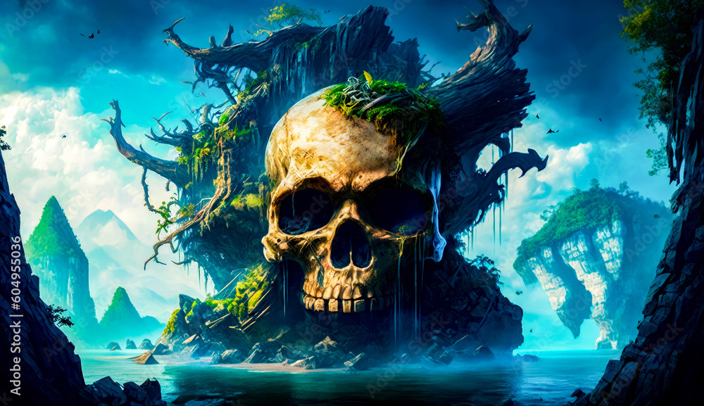 Poster skull sitting on top of tree stump in the middle of lake. generative ai.