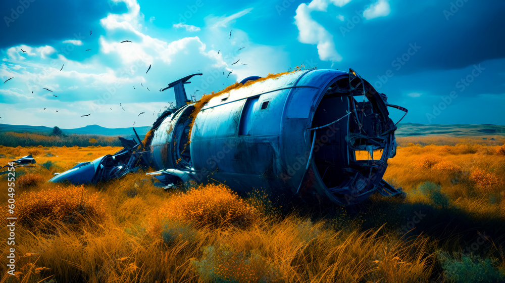 Poster large metal object in the middle of field with birds flying around. generative ai.
