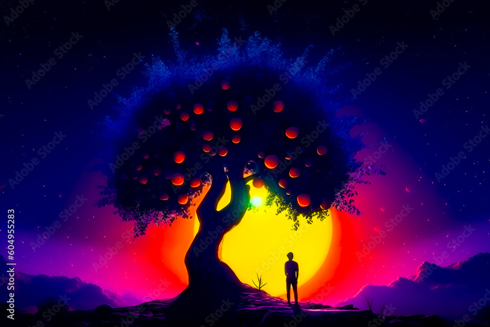 Poster man standing in front of tree with fruit on it at sunset. generative ai.
