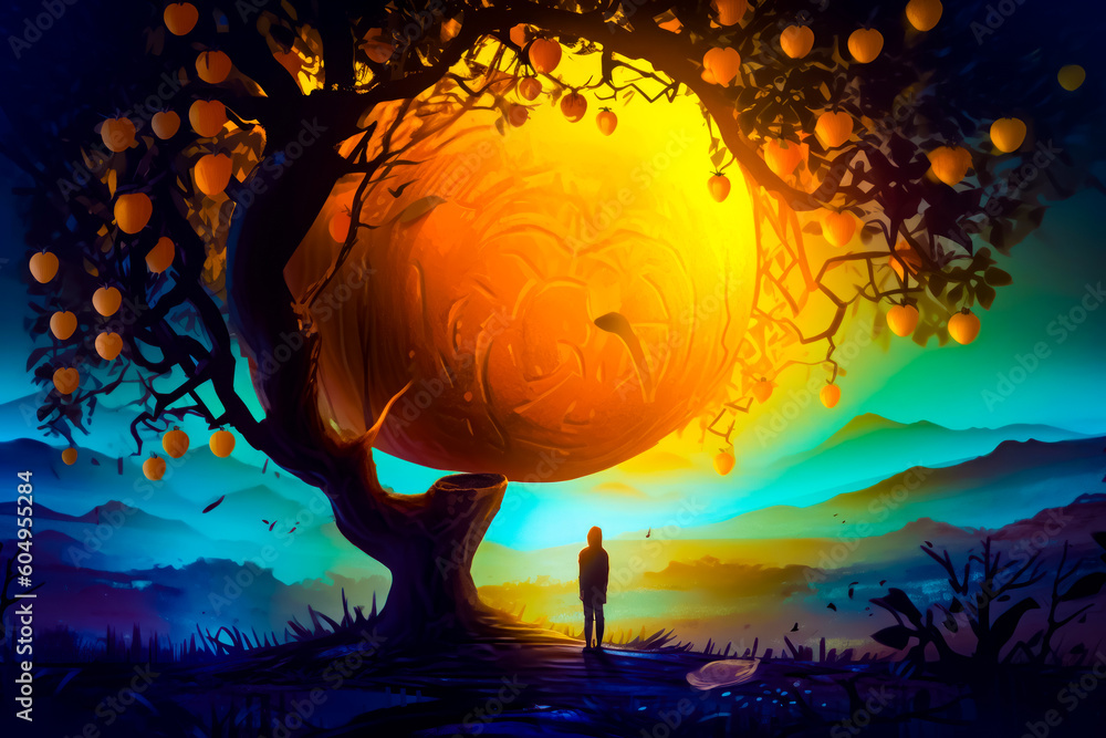 Aufkleber man standing in front of tree with giant pumpkin on it. generative ai.