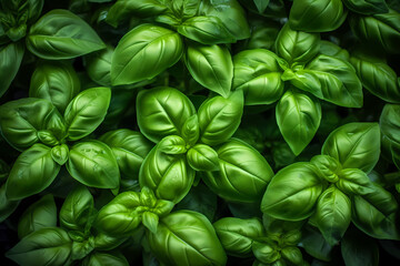Fresh green basil leaves filling the entire frame, fresh herbs, generative AI