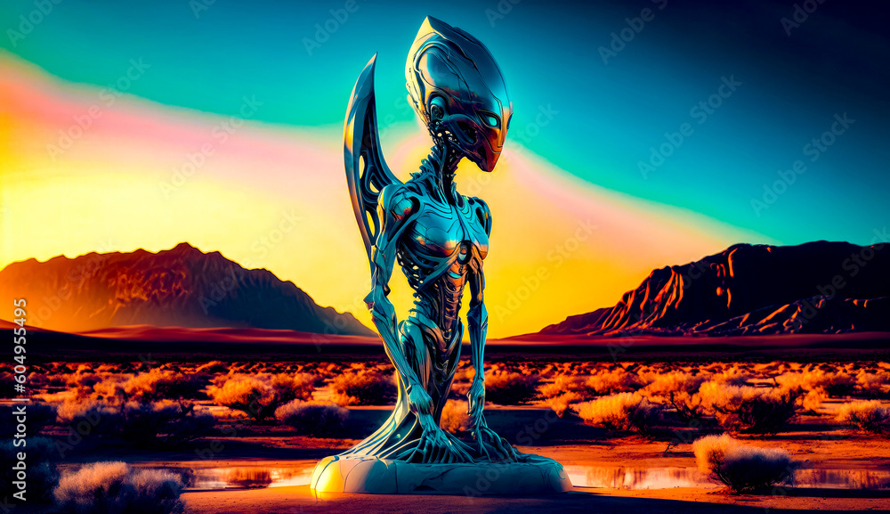 Poster alien standing in the middle of desert with mountains in the background. generative ai.
