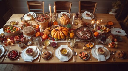 Overhead flat-lay of Friendsgiving table with hands, autumn feast, candles, roasted turkey, pumpkin pie. Created by AI.