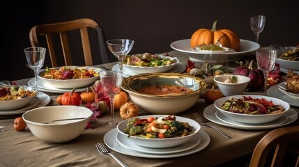 Overhead view of a Thanksgiving table, hands over Friendsgiving feast, autumn food, candles, turkey, pumpkin pie. Created by AI.
