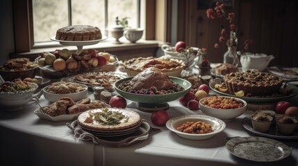 Naklejka premium Flat-lay of hands over Friendsgiving table adorned with autumn food, candles, turkey and pumpkin pie. Created by AI.