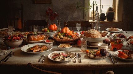 Top view of a festive Thanksgiving table, with hands reaching for autumn food, candles, turkey, pumpkin pie. Created by AI.