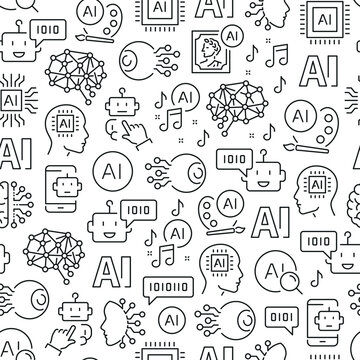 Seamless pattern with artificial intelligence. Black and white thin line icons