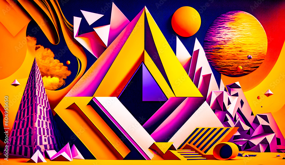 Poster painting of mountain range with sun in the distance and mountain range in the foreground. generative
