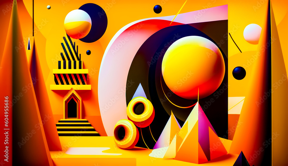 Poster abstract painting of building with tower in the middle of it. generative ai.