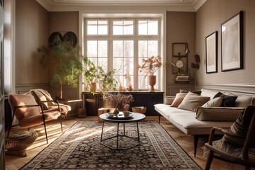 Fototapeta premium Modern cozy living room, classic interior design with beige, brown and black colors. Super photo realistic background, generative ai illustration