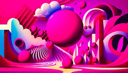 Deurstickers Painting of pink and purple landscape with clouds, mountains, and trees. Generative AI. © Констянтин Батыльчук