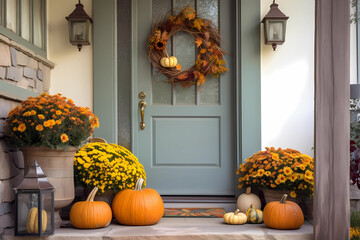 Cute and cozy cottage with fall decorations, pumpkins on the front porch and a wreath, generative AI