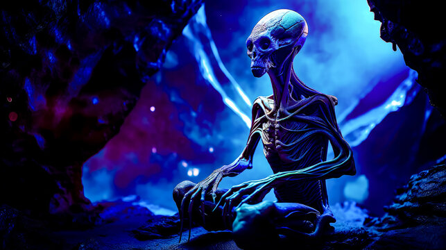 Blue alien sitting on top of rock in front of blue background. Generative AI.