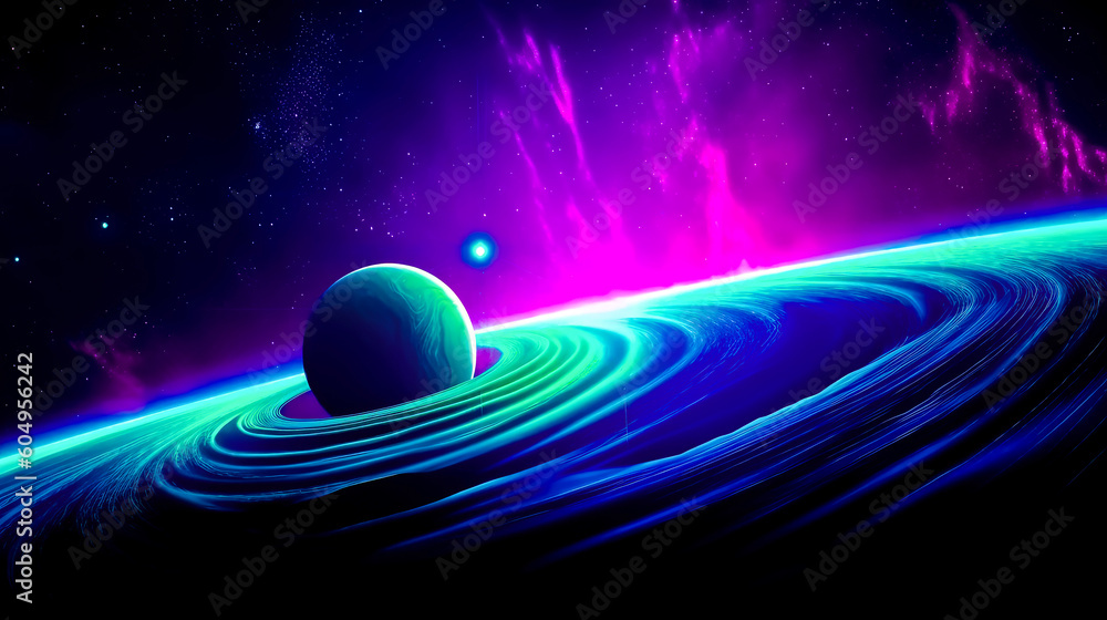 Poster artist's rendering of planet in space with ring around it. generative ai.