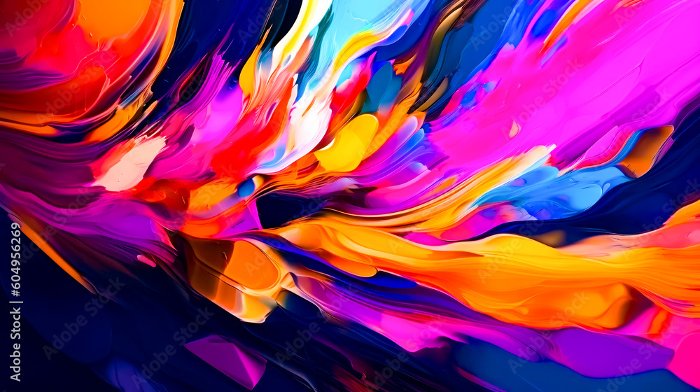 Poster colorful abstract painting with lots of colors on the bottom of the image. generative ai.