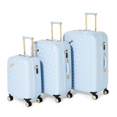 Luxury large blue luggage suitcases  isolated on white background with clipping path. Top view. Creative shot for travelling concept, Copy Space. Carry on spinner.