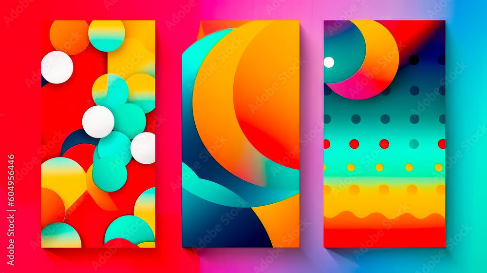 Poster set of three abstract paintings on pink and blue background with circles. generative ai.