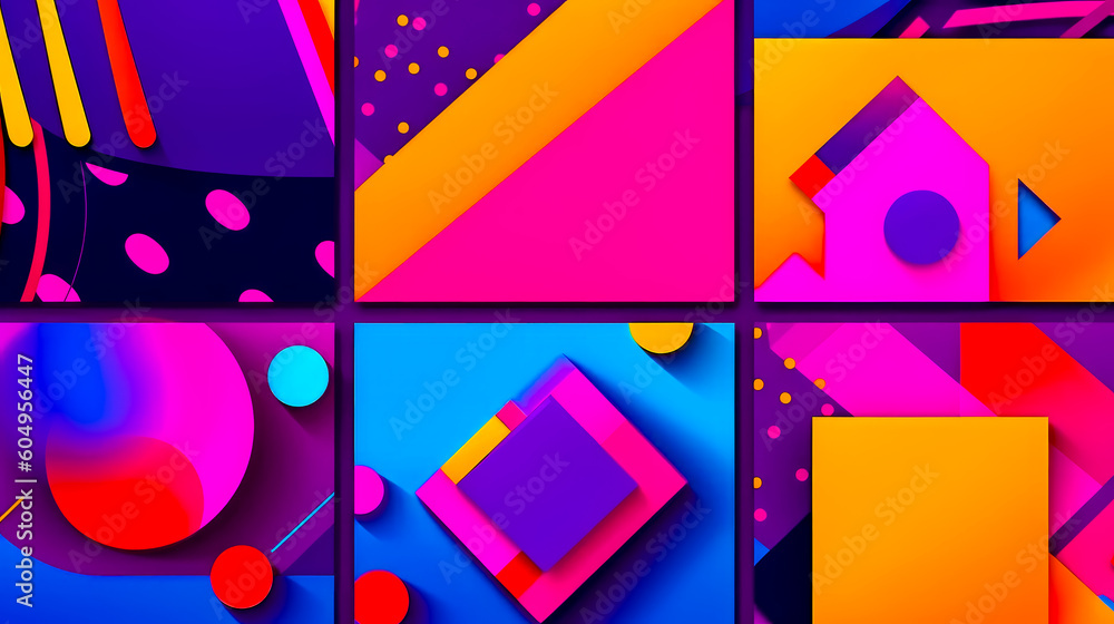 Poster bunch of different colored shapes on purple and pink background with circles and dots. generative ai