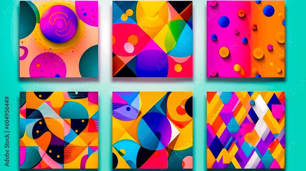 Poster set of four colorful abstract paintings on blue and green background with circles, shapes, and shape