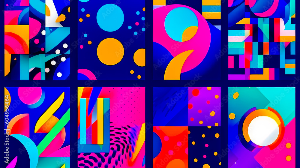 Poster collage of different colored images with circles and lines on them, all of which are. generative ai.