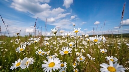 Cloudy blue sky, green grass, wild meadow flowers and daisy field. Natural landscape with copy space. Generative ai
