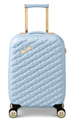 Luxury large blue luggage suitcases  isolated on white background with clipping path. Top view. Creative shot for travelling concept, Copy Space. Carry on spinner.