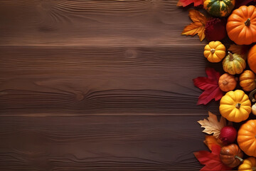 Fall background for Thanksgiving with pumpkins and fall leaves on a wooden table, generative AI - obrazy, fototapety, plakaty