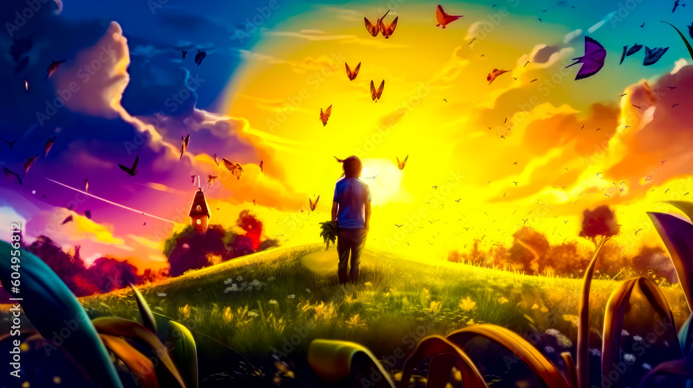 Poster man standing on top of lush green field under colorful sky. generative ai.
