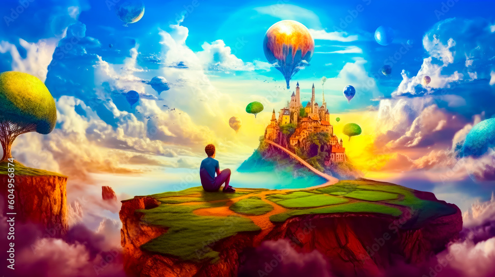 Poster man sitting on top of cliff looking at castle in the sky. generative ai.
