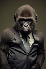 Fototapeta premium Portrait of baby gorilla in a business suit. Generative AI