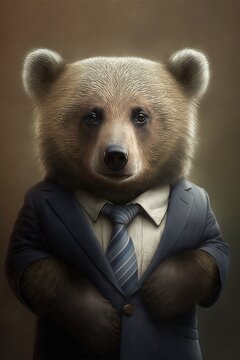 Portrait of baby grizzly bear in a business suit. Generative AI