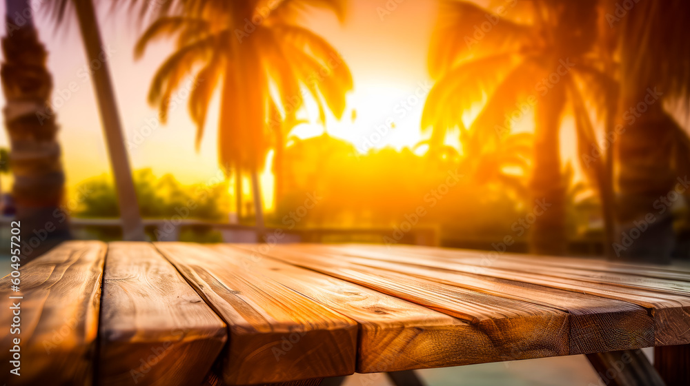 Poster close up of wooden table with view of the sun in the background. generative ai.
