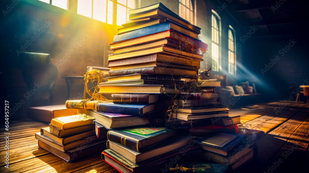 Aufkleber stack of books sitting on top of wooden table next to window. generative ai.