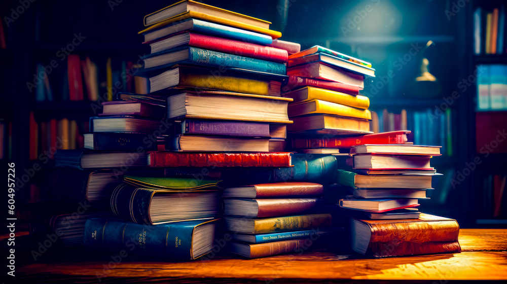 Aufkleber stack of books sitting on top of wooden table next to lamp. generative ai.