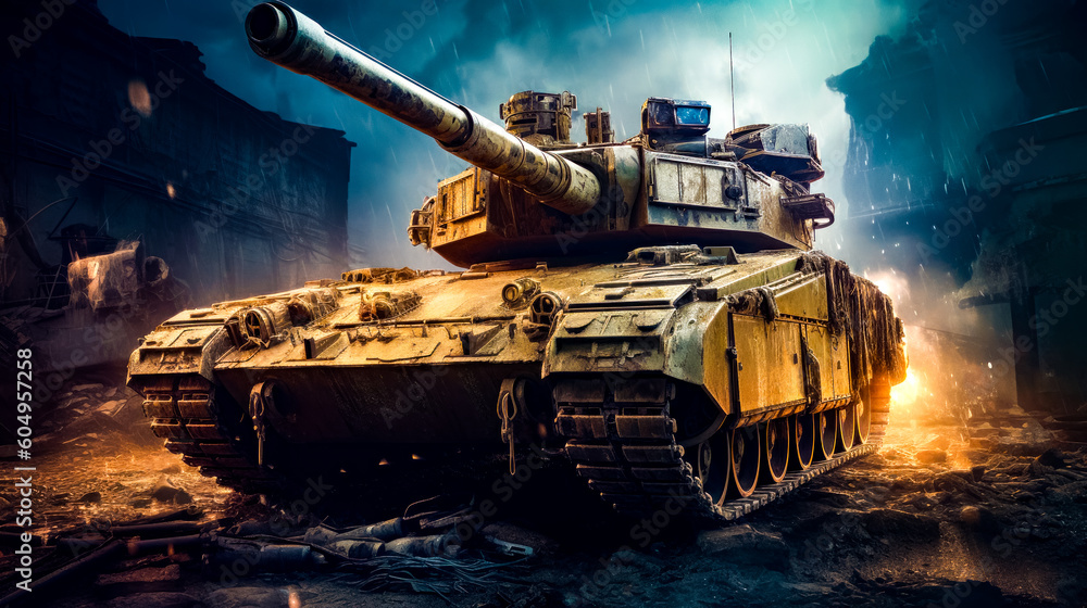 Poster old tank in the middle of city with man standing next to it. generative ai.
