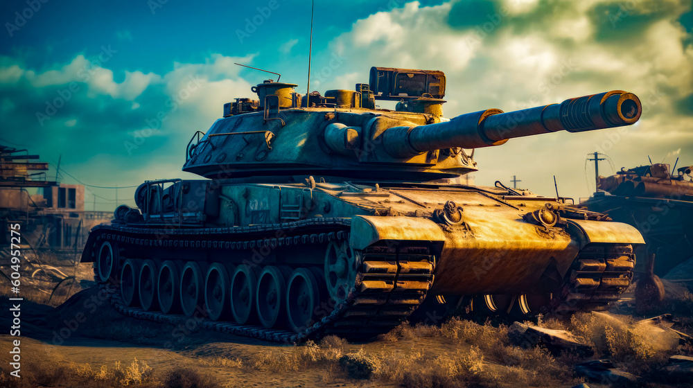 Aufkleber tank is sitting in the middle of field with sky in the background. generative ai.