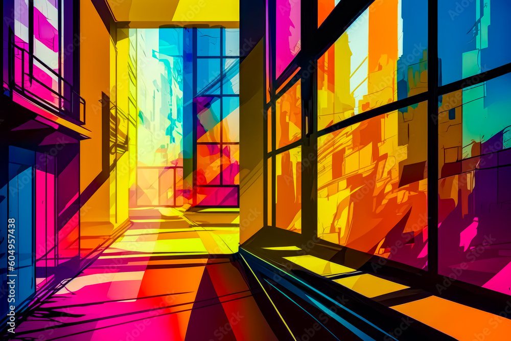 Aufkleber brightly colored painting of hallway with window and bench in front of it. generative ai.