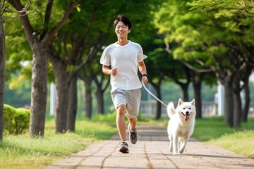 Naklejka na ściany i meble running man with a dog 1, Generative AI