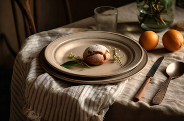 the cotton napkin with a round fork and white plate