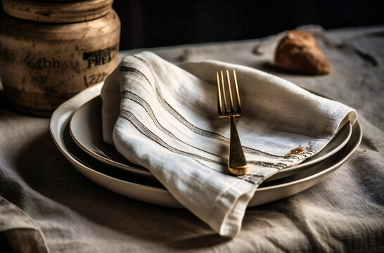 the cotton napkin with a round fork and white plate