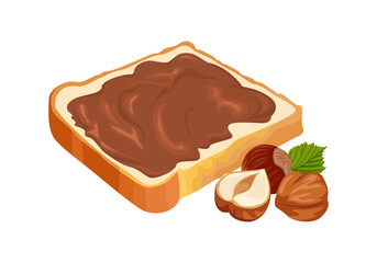 Slice of bread spread with chocolate cream and hazelnuts isolated on white background. Vector cartoon illustration of sweet food.