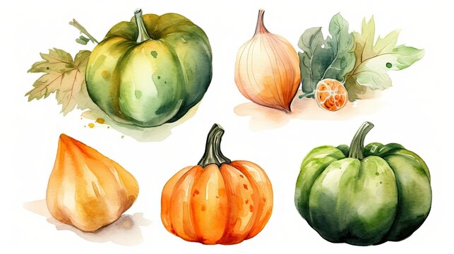 179. Set of watercolor pumpkin vegetables on white background. Generative AI