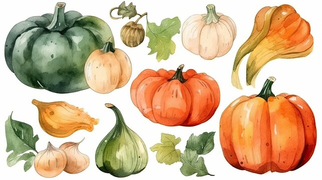 180. Set of watercolor pumpkin vegetables on white background. Generative AI
