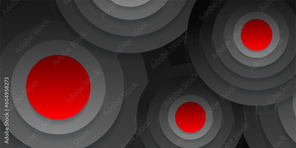 Poster concentric circles with shadows. abstract dark background. red in the center. black circulars. cut o